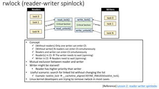 task 0
task 1
task N
read_unlock()
read_lock()
Critical Section
write_unlock()
write_lock()
task 0
task 1
task N
Readers Writers
• Concept
✓ [Without readers] Only one writer can enter CS
✓ [Without writer] N-readers can enter CS simultaneously
✓ Readers and writer can enter CS simultaneously
✓ Reader(s) in CS → The writer needs to wait (spinning)
✓ Writer in CS → Readers need to wait (spinning)
• Mutual exclusion between reader and writer
• Writer might be starved!
• Reader has higher priority than writer
• Useful scenario: search for linked list without changing the list
✓ Example: tasklist_lock → __cacheline_aligned DEFINE_RWLOCK(tasklist_lock);
• Linux kernel developers are trying to remove rwlock in most cases.
Critical Section
[Reference] Lesson 2: reader-writer spinlocks
rwlock (reader-writer spinlock)
 