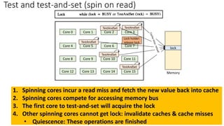 1. Spinning cores incur a read miss and fetch the new value back into cache
2. Spinning cores compete for accessing memory bus
3. The first core to test-and-set will acquire the lock
4. Other spinning cores cannot get lock: invalidate caches & cache misses
• Quiescence: These operations are finished
Core 0 Core 1 Core 2 Core 3
Core 4 Core 5 Core 6 Core 7
Core 8 Core 9 Core 10 Core 11
Core 12 Core 13 Core 14 Core 15 Memory
lock
Lock holder:
release lock
TestAndSet
TestAndSet
TestAndSet TestAndSet
TestAndSet
Test and test-and-set (spin on read)
 