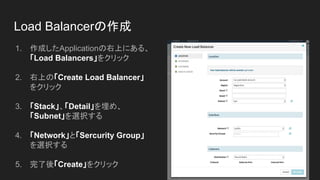 Load Balancerの作成
1. 作成したApplicationの右上にある、
「Load Balancers」をクリック
2. 右上の「Create Load Balancer」
をクリック
3. 「Stack」、「Detail」を埋め、
「Subnet」を選択する
4. 「Network」と「Sercurity Group」
を選択する
5. 完了後「Create」をクリック
 