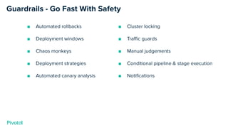 Spinnaker Best
Practices ● Blue/green deployments
● Rollbacks
● Automated canary analysis
 