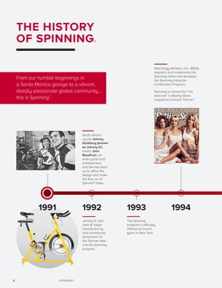 8 SPINNING®
From our humble beginnings in
a Santa Monica garage to a vibrant,
deeply passionate global community...
this is Spinning®
.
THE HISTORY
OF SPINNING®
South African
cyclist Johnny
Goldberg (known
as Johnny G.)
meets John
Baudhuin, an
avid cyclist and
entrepreneur,
and the two team
up to refine the
design and make
the first run of
Spinner® bikes.
Johnny G. and
John B. begin
manufacturing
and commercial
distribution of
the Spinner bike
and the Spinning
program.
The Spinning
program is officially
offered at Crunch
gyms in New York.
Mad Dogg Athletics, Inc. (MDA)
registers and trademarks the
Spinning name and develops
the Spinning Instructor
Certification Program.
Spinning is named the “hot
exercise” in Rolling Stone
magazine’s annual “hot list.”
1991 1992 1993 1994
 