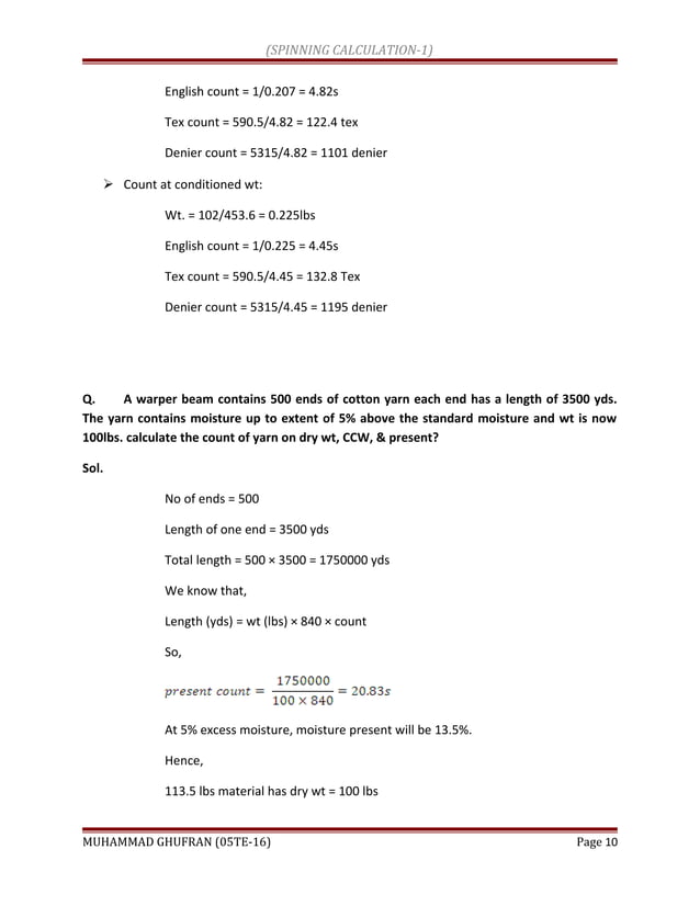 Spinning calculations PDF