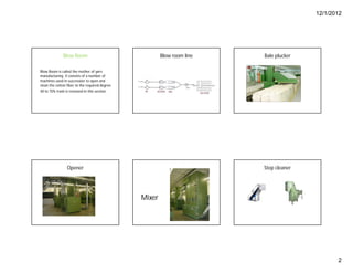 12/1/2012
2
Blow Room
Blow Room is called the mother of yarn
manufacturing. It consists of a number of
machines used in succession to open and
clean the cotton fiber to the required degree.
40 to 70% trash is removed in this section.
Blow room line Bale plucker
Opener
Mixer
Step cleaner
 