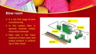 Blow room
 It is the first stage of yarn
manufacturing.
 In this section fiber is
opened, cleaned, mixed,
micro dust removed.
 Fiber bale is the input
material of blow room and
output product is uniform
lap or fiber sheet.
 