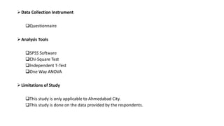 Data Collection Instrument
Questionnaire
Analysis Tools
SPSS Software
Chi-Square Test
Independent T-Test
One Way ANOVA
Limitations of Study
This study is only applicable to Ahmedabad City.
This study is done on the data provided by the respondents.
 