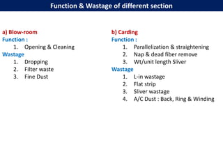 a) Blow-room
Function :
1. Opening & Cleaning
Wastage
1. Dropping
2. Filter waste
3. Fine Dust
b) Carding
Function :
1. Parallelization & straightening
2. Nap & dead fiber remove
3. Wt/unit length Sliver
Wastage
1. L-in wastage
2. Flat strip
3. Sliver wastage
4. A/C Dust : Back, Ring & Winding
Function & Wastage of different section
 