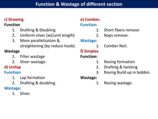 Function & Wastage of different section
c) Drawing
Function
1. Drafting & Doubling
2. Uniform sliver (wt/unit length)
3. More parallelization &
straightening (by reduce hook).
Wastage
1. Filter wastage
2. Sliver wastage.
d) Unilap
Function:
1. Lap formation
2. Drafting & doubling.
Wastage:
1. Sliver.
e) Comber.
Function:
1. Short fibers remove
2. Naps remove.
Wastage:
1. Comber Noil.
f) Simplex
Function:
1. Roving formation
2. Drafting & twisting
3. Roving Build up in bobbin.
Wastage:
1. Roving wastage.
 