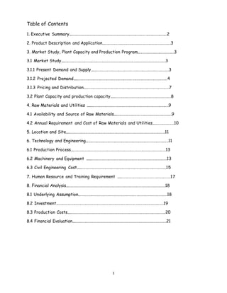 1
Table of Contents
1. Executive Summary............................................................................................2
2. Product Description and Application.................................................................3
3. Market Study, Plant Capacity and Production Program...................................3
3.1 Market Study...................................................................................................3
3.1.1 Present Demand and Supply..........................................................................3
3.1.2 Projected Demand.........................................................................................4
3.1.3 Pricing and Distribution.................................................................................7
3.2 Plant Capacity and production capacity..........................................................8
4. Raw Materials and Utilities ..............................................................................9
4.1 Availability and Source of Raw Materials.......................................................9
4.2 Annual Requirement and Cost of Raw Materials and Utilities.....................10
5. Location and Site..............................................................................................11
6. Technology and Engineering..............................................................................11
6.1 Production Process..........................................................................................13
6.2 Machinery and Equipment .............................................................................13
6.3 Civil Engineering Cost.....................................................................................15
7. Human Resource and Training Requirement ...................................................17
8. Financial Analysis..............................................................................................18
8.1 Underlying Assumption....................................................................................18
8.2 Investment.....................................................................................................19
8.3 Production Costs.............................................................................................20
8.4 Financial Evaluation.........................................................................................21
 