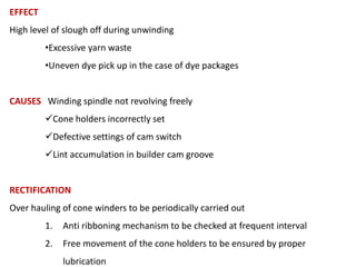EFFECT
High level of slough off during unwinding
•Excessive yarn waste
•Uneven dye pick up in the case of dye packages

CAUSES Winding spindle not revolving freely
Cone holders incorrectly set
Defective settings of cam switch

Lint accumulation in builder cam groove

RECTIFICATION
Over hauling of cone winders to be periodically carried out
1.

Anti ribboning mechanism to be checked at frequent interval

2.

Free movement of the cone holders to be ensured by proper
lubrication

 