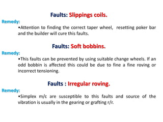 Faults: Slippings coils.
Remedy:
•Attention to finding the correct taper wheel, resetting poker bar
and the builder will cure this faults.

Faults: Soft bobbins.
Remedy:
•This faults can be prevented by using suitable change wheels. If an
odd bobbin is affected this could be due to fine a fine roving or
incorrect tensioning.

Faults : Irregular roving.
Remedy:
•Simplex m/c are susceptible to this faults and source of the
vibration is usually in the gearing or grafting r/r.

 