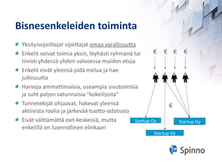 Bisnesenkeleiden toiminta Yksityissijoittajat sijoittajat  omaa varallisuutta Enkelit voivat toimia yksin, löyhästi ryhmänä tai tiivisti yhdessä yhden valvoessa muiden etuja Enkelit eivät yleensä pidä melua ja hae julkisuutta Harvoja ammattimaisia, useampia sivutoimisia ja suht paljon satunnaisia “kokeilijoita” Tunnetekijät ohjaavat, hakevat yleensä aktiivista roolia ja järkevää tuotto-odotusta Eivät välttämättä exit-keskeisiä, mutta enkelillä on luonnollinen elinkaari Startup Oy € Startup Oy Startup Oy € € € € 