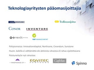 Teknologiayritysten pääomasijoittajia Pohjoismaisia: InnovationsKapital, Northzone, Creandum, Sunstone Huom. kaikilla ei välttämättä ole aktiivista rahastoa eli rahaa sijoitettavana Poistuneita/ei nyt rahastoa: 