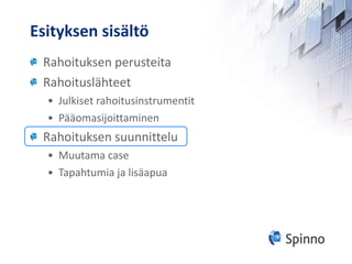Esityksen sisältö Rahoituksen perusteita Rahoituslähteet Julkiset rahoitusinstrumentit Pääomasijoittaminen Rahoituksen suunnittelu Muutama case Tapahtumia ja lisäapua 