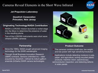Originating Technology/NASA Contribution NASA’s LCROSS mission launched a rocket stage  into the Moon to determine the presence of water  in the resulting plume Two of the LCROSS instruments were short wave  infrared (SWIR) cameras Jet Propulsion Laboratory Goodrich Corporation Princeton, New Jersey Product Outcome The cameras combine small size, low weight,  and low power with high sensitivity/resolution Applications include detecting moisture in pulp,  paper, and agriculture; sorting recycled plastic  products; machine vision; spectroscopy;  semiconductor inspection; and detecting defects  in solar panels Spinoff 2010 Title of photo Industrial Productivity Cameras Reveal Elements in the Short Wave Infrared Partnership Since the 1990s, NASA sought advanced imaging  technology for the SWIR wavelengths  Through Small Business Innovation Research  (SBIR) contracts, Sensors Unlimited Inc.—later  acquired by Goodrich—refined its indium gallium  arsenide (InGaAs) SWIR camera technologies 