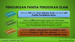 PENGURUSAN PANITIA PENDIDIKAN ISLAM
Semua GPI dan Guru Bahasa Arab menjadi ahli
Panitia Pendidikan Islam.
Semua GPI bertanggungjawab terhadap
kurikulum Pendidikan Islam di aliran perdana, PPKI
dan Prasekolah serta Program j-QAF.
Semua aktiviti kokurikulum Pendidikan Islam
termasuk Program j-QAF dan dakwah hendaklah
disertai oleh semua GPI dan Guru Bahasa Arab.
 