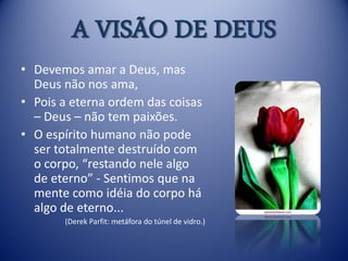 A VISÃO DE DEUS
• Devemos amar a Deus, mas
  Deus não nos ama,
• Pois a eterna ordem das coisas
  – Deus – não tem paixões.
• O espírito humano não pode
  ser totalmente destruído com
  o corpo, “restando nele algo
  de eterno” - Sentimos que na
  mente como idéia do corpo há
  algo de eterno...
       (Derek Parfit: metáfora do túnel de vidro.)
 