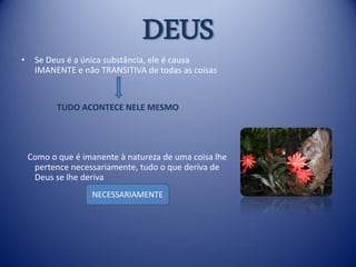 DEUS
•    Se Deus é a única substância, ele é causa
     IMANENTE e não TRANSITIVA de todas as coisas


           TUDO ACONTECE NELE MESMO




    Como o que é imanente à natureza de uma coisa lhe
     pertence necessariamente, tudo o que deriva de
     Deus se lhe deriva
                   NECESSARIAMENTE
 