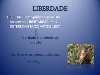 LIBERDADE
LIBERDADE em Spinoza não existe
  no sentido LIBERTARISTA, mas
  DETERMINISTA/COMPATIBILISTA

       liberdade é ausência de
             coação.


  Ser livre é ser determinado sem
             ser coagido.
 