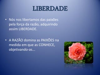 LIBERDADE
• Nós nos libertamos das paixões
  pela força da razão, adquirindo
  assim LIBERDADE.

• A RAZÃO domina as PAIXÕES na
  medida em que as CONHECE,
  objetivando-as...
 