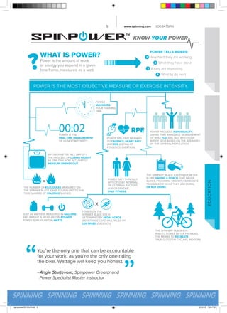 www.spinning.com

800.847.SPIN

ED U CATIO N

5

“

You’re the only one that can be accountable
for your work, as you’re the only one riding
the bike. Wattage will keep you honest.
–Angie Sturtevant, Spinpower Creator and
Power Specialist Master Instructor

spinpower2013A4.indd 5

”
9/10/13 1:28 PM

 