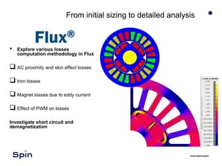From initial sizing to detailed analysis
• Explore various losses
computation methodology in Flux
 AC proximity and skin effect losses
 Iron losses
 Magnet losses due to eddy current
 Effect of PWM on losses
Investigate short circuit and
demagnetization
 