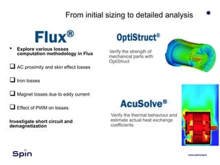 From initial sizing to detailed analysis
• Explore various losses
computation methodology in Flux
 AC proximity and skin effect losses
 Iron losses
 Magnet losses due to eddy current
 Effect of PWM on losses
Investigate short circuit and
demagnetization
Verify the strength of
mechanical parts with
OptiStruct
Verify the thermal behaviour and
estimate actual heat exchange
coefficients
 