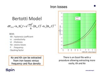 Iron losses
    2/3
me
2
m
2
22
mhTOT f.Bkf.B
6
d
fBkdP 


Bertotti Model
With
◦Kh : hysteresis coefficient
◦σ : conductivity
◦d : thickness
◦Ke : excess losses
◦f : frequency
◦Stacking factor
Ke and Kh can be extracted
from iron losses versus
frequency and flux density
There is an Excel file with a
procedure allowing extracting more
easily, Kh and Ke
 