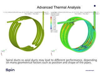 Advanced Thermal Analysis
Spiral ducts vs axial ducts may lead to different performance, depending
on many geometrical factors such as position and shape of the pipes.
 