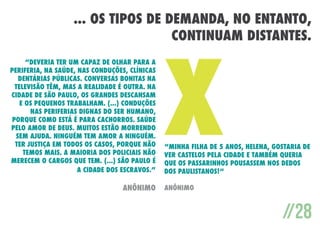 ... os tipos de demanda, no entanto,
continuam distantes.
“Deveria ter um capaz de olhar para a
periferia, na saúde, nas conduções, clínicas
dentárias públicas. Conversas bonitas na
televisão têm, mas a realidade é outra. Na
cidade de São Paulo, os grandes descansam
e os pequenos trabalham. (...) Conduções
nas periferias dignas do ser humano,
porque como está é para cachorros. Saúde
pelo amor de Deus. Muitos estão morrendo
sem ajuda. Ninguém tem amor a ninguém.
Ter justiça em todos os casos, porque não
temos mais. A maioria dos policiais não
merecem o cargos que tem. (...) São Paulo é
a cidade dos escravos.”

anônimo

“Minha filha de 5 anos, Helena, gostaria de
ver castelos pela cidade e também queria
que os passarinhos pousassem nos dedos
dos paulistanos!“
Anônimo

//28

 