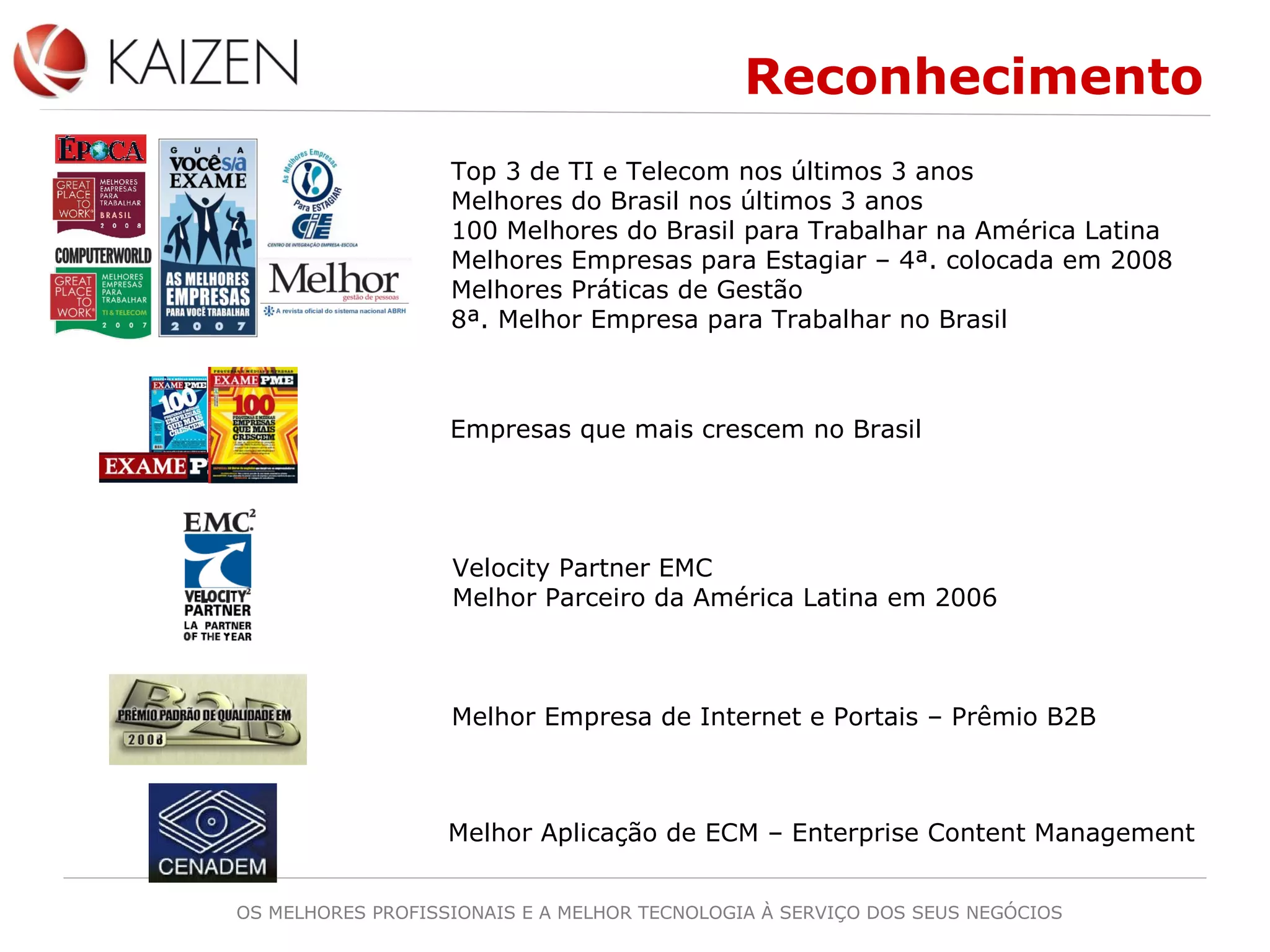 OS MELHORES PROFISSIONAIS E A MELHOR TECNOLOGIA À SERVIÇO DOS SEUS NEGÓCIOS
Reconhecimento
Top 3 de TI e Telecom nos últimos 3 anos
Melhores do Brasil nos últimos 3 anos
100 Melhores do Brasil para Trabalhar na América Latina
Melhores Empresas para Estagiar – 4ª. colocada em 2008
Melhores Práticas de Gestão
8ª. Melhor Empresa para Trabalhar no Brasil
Empresas que mais crescem no Brasil
Velocity Partner EMC
Melhor Parceiro da América Latina em 2006
Melhor Empresa de Internet e Portais – Prêmio B2B
Melhor Aplicação de ECM – Enterprise Content Management
 