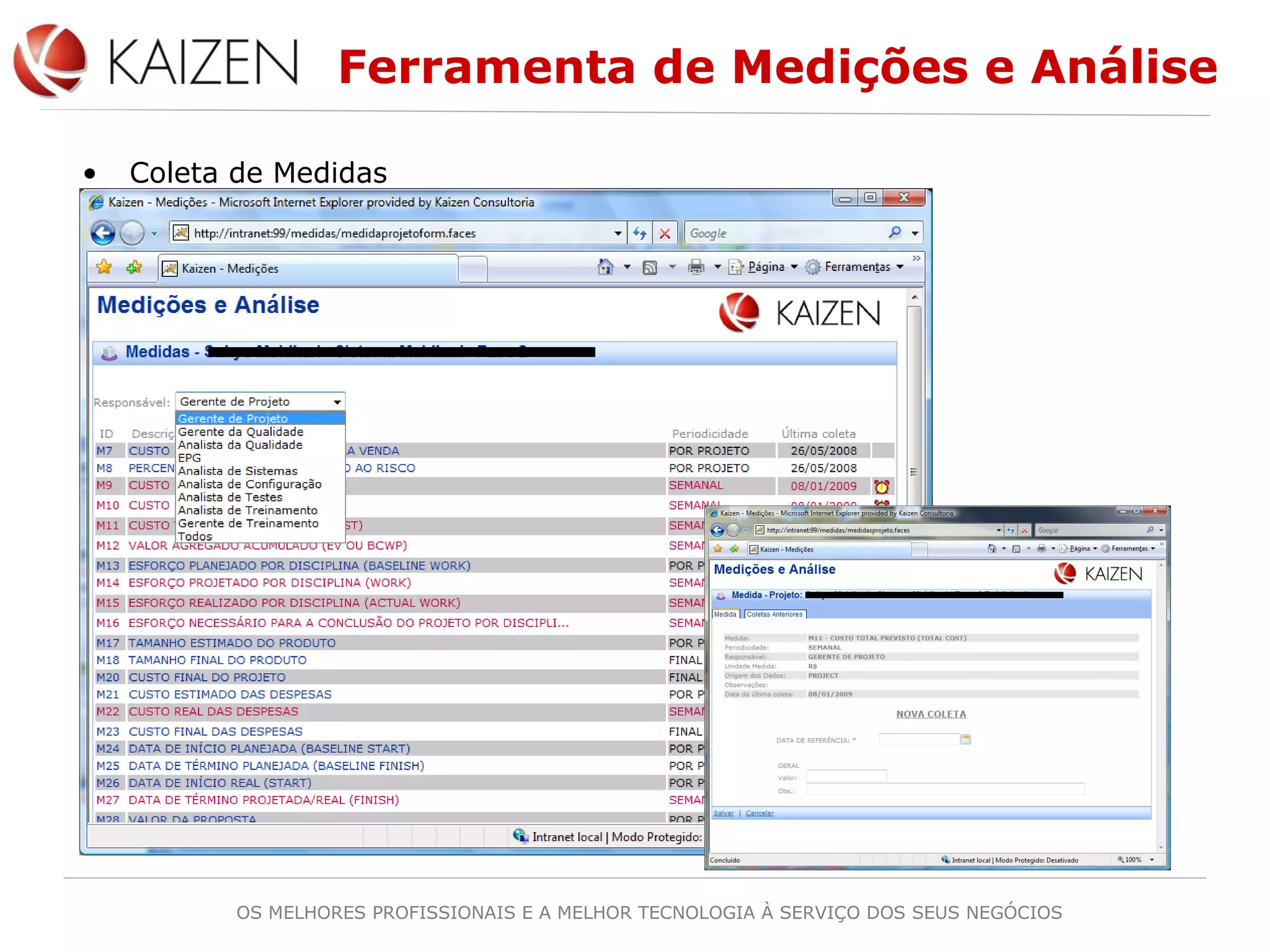 OS MELHORES PROFISSIONAIS E A MELHOR TECNOLOGIA À SERVIÇO DOS SEUS NEGÓCIOS
Ferramenta de Medições e Análise
• Coleta de Medidas
 
