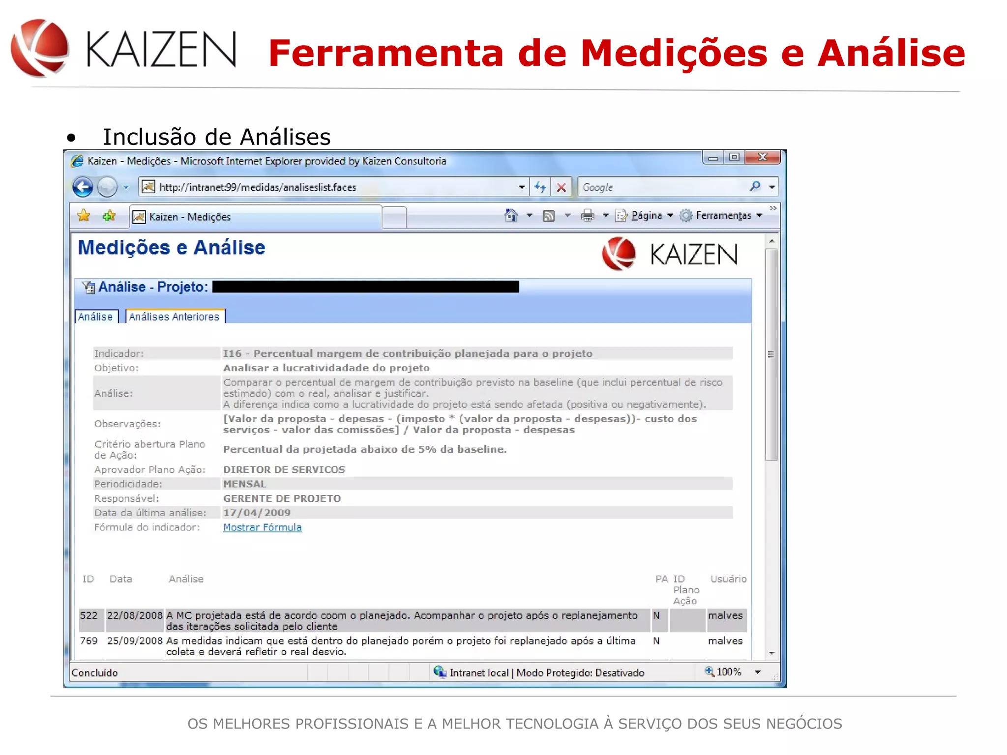 OS MELHORES PROFISSIONAIS E A MELHOR TECNOLOGIA À SERVIÇO DOS SEUS NEGÓCIOS
Ferramenta de Medições e Análise
• Inclusão de Análises
 