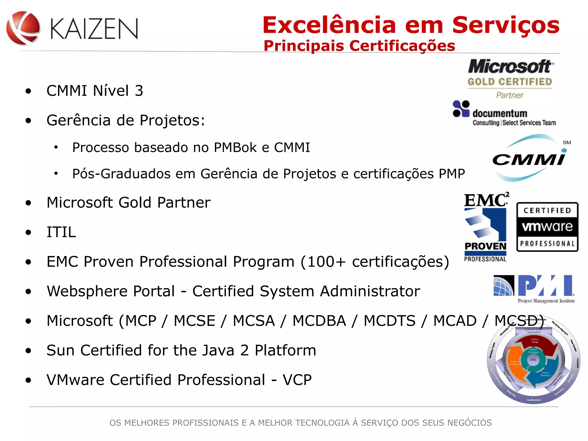 OS MELHORES PROFISSIONAIS E A MELHOR TECNOLOGIA À SERVIÇO DOS SEUS NEGÓCIOS
• CMMI Nível 3
• Gerência de Projetos:
• Processo baseado no PMBok e CMMI
• Pós-Graduados em Gerência de Projetos e certificações PMP
• Microsoft Gold Partner
• ITIL
• EMC Proven Professional Program (100+ certificações)
• Websphere Portal - Certified System Administrator
• Microsoft (MCP / MCSE / MCSA / MCDBA / MCDTS / MCAD / MCSD)
• Sun Certified for the Java 2 Platform
• VMware Certified Professional - VCP
Excelência em Serviços
Principais Certificações
 