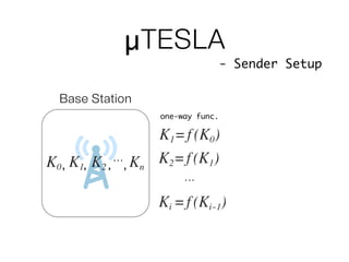 µTESLA
Base Station
- Sender Setup
…, , , ,
one-way func.
…
 