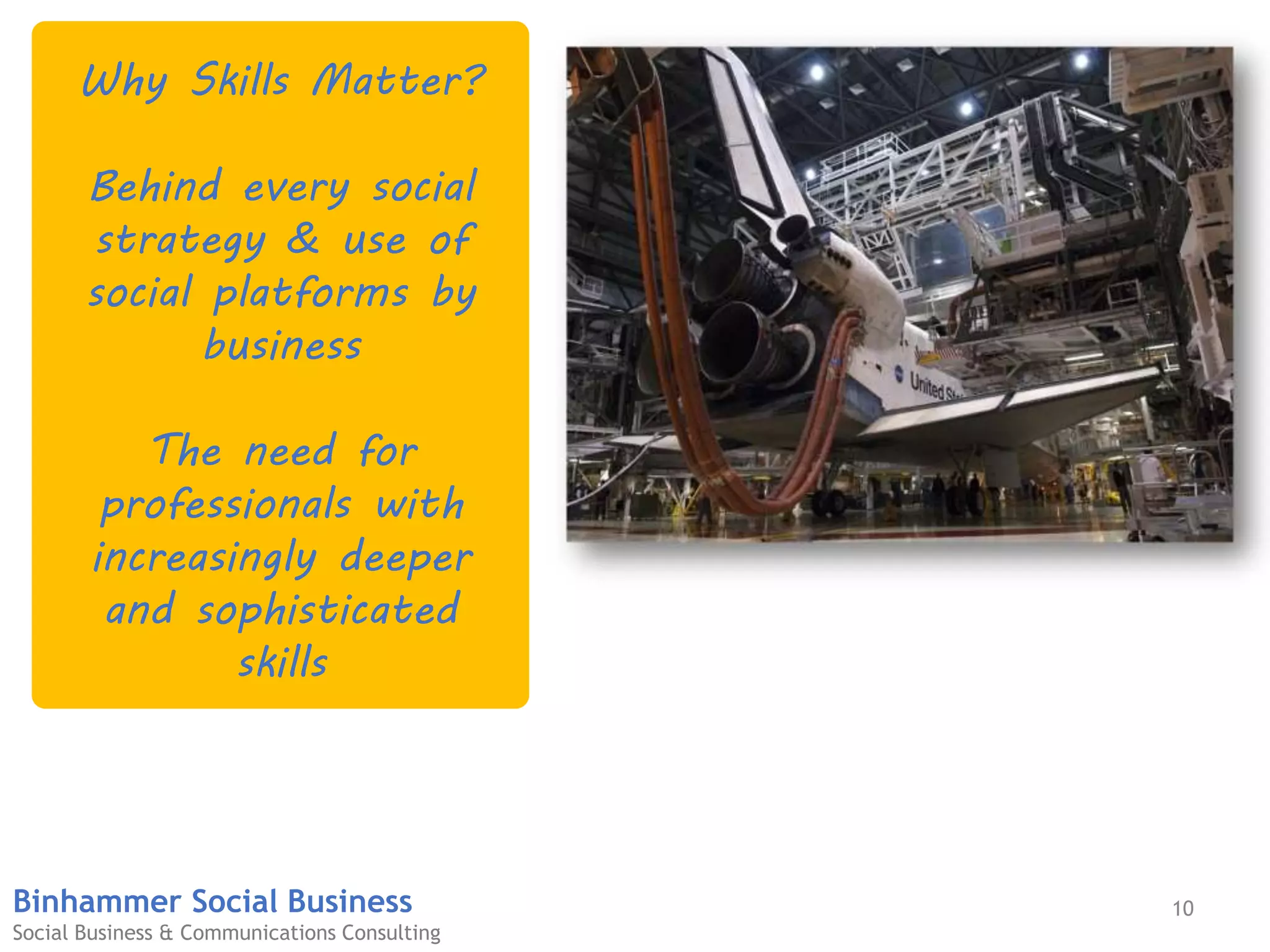 10Binhammer Social Business
Social Business & Communications Consulting
Why Skills Matter?
Behind every social
strategy & use of
social platforms by
business
The need for
professionals with
increasingly deeper
and sophisticated
skills
 