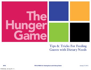 The
Hunger
Game
Tips & Tricks For Feeding
Guests with Dietary Needs

SPIN
Wednesday, January 29, 14

TIPS & TRICKS for Feeding Guests with Dietary Needs

January 27, 2014

 