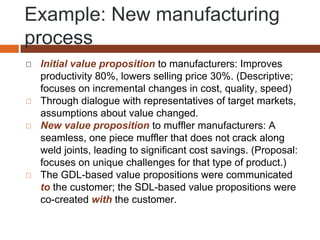 Example: New manufacturing
process
◻ Initial value proposition to manufacturers: Improves
productivity 80%, lowers selling price 30%. (Descriptive;
focuses on incremental changes in cost, quality, speed)
◻ Through dialogue with representatives of target markets,
assumptions about value changed.
◻ New value proposition to muffler manufacturers: A
seamless, one piece muffler that does not crack along
weld joints, leading to significant cost savings. (Proposal:
focuses on unique challenges for that type of product.)
◻ The GDL-based value propositions were communicated
to the customer; the SDL-based value propositions were
co-created with the customer.
 
