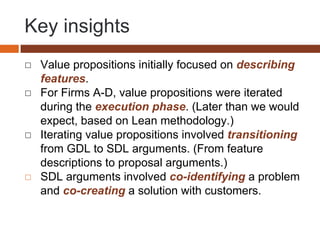 Key insights
◻ Value propositions initially focused on describing
features.
◻ For Firms A-D, value propositions were iterated
during the execution phase. (Later than we would
expect, based on Lean methodology.)
◻ Iterating value propositions involved transitioning
from GDL to SDL arguments. (From feature
descriptions to proposal arguments.)
◻ SDL arguments involved co-identifying a problem
and co-creating a solution with customers.
 