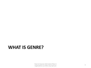 WHAT IS GENRE?


          How to improve information flow in
                                                 3
          organizations (c) 2011 Clay Spinuzzi
 