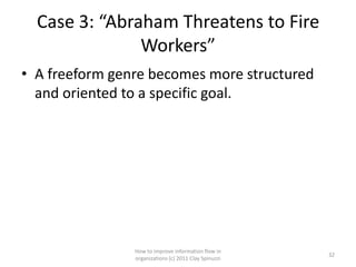Case 3: “Abraham Threatens to Fire
               Workers”
• A freeform genre becomes more structured
  and oriented to a specific goal.




                How to improve information flow in
                                                       32
                organizations (c) 2011 Clay Spinuzzi
 