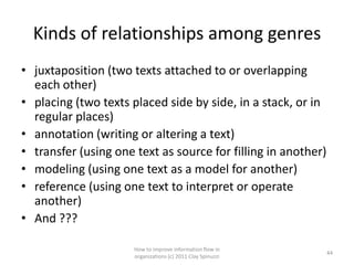 Kinds of relationships among genres
• juxtaposition (two texts attached to or overlapping
  each other)
• placing (two texts placed side by side, in a stack, or in
  regular places)
• annotation (writing or altering a text)
• transfer (using one text as source for filling in another)
• modeling (using one text as a model for another)
• reference (using one text to interpret or operate
  another)
• And ???

                      How to improve information flow in
                                                               44
                      organizations (c) 2011 Clay Spinuzzi
 