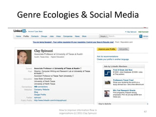 Genre Ecologies & Social Media




          How to improve information flow in
                                                 47
          organizations (c) 2011 Clay Spinuzzi
 