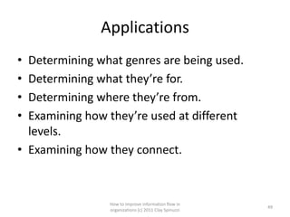 Applications
• Determining what genres are being used.
• Determining what they’re for.
• Determining where they’re from.
• Examining how they’re used at different
  levels.
• Examining how they connect.



                How to improve information flow in
                                                       49
                organizations (c) 2011 Clay Spinuzzi
 