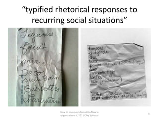 “typified rhetorical responses to
   recurring social situations”




          How to improve information flow in
                                                 6
          organizations (c) 2011 Clay Spinuzzi
 