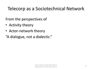 Telecorp as a Sociotechnical Network
From the perspectives of
• Activity theory
• Actor-network theory
“A dialogue, not a dialectic.”




                  How to improve information flow in
                                                         25
                  organizations (c) 2011 Clay Spinuzzi
 