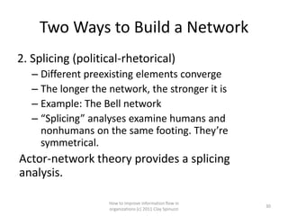 Two Ways to Build a Network
2. Splicing (political-rhetorical)
   – Different preexisting elements converge
   – The longer the network, the stronger it is
   – Example: The Bell network
   – “Splicing” analyses examine humans and
     nonhumans on the same footing. They’re
     symmetrical.
Actor-network theory provides a splicing
analysis.

                    How to improve information flow in
                                                           30
                    organizations (c) 2011 Clay Spinuzzi
 