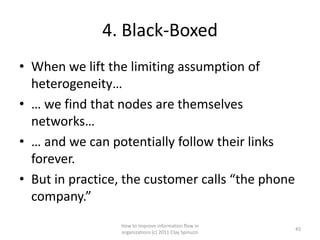 4. Black-Boxed
• When we lift the limiting assumption of
  heterogeneity…
• … we find that nodes are themselves
  networks…
• … and we can potentially follow their links
  forever.
• But in practice, the customer calls “the phone
  company.”
                 How to improve information flow in
                                                        45
                 organizations (c) 2011 Clay Spinuzzi
 
