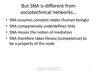 But SNA is different from
         sociotechnical networks…
•   SNA assumes constant nodes (human beings)
•   SNA comparatively underdefines links
•   SNA misses the notion of mediation
•   SNA therefore takes fitness (competence) to
    be a property of the node




                  How to improve information flow in
                                                         7
                  organizations (c) 2011 Clay Spinuzzi
 