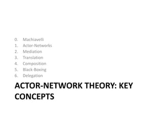 0.   Machiavelli
1.   Actor-Networks
2.   Mediation
3.   Translation
4.   Composition
5.   Black-Boxing
6.   Delegation

ACTOR-NETWORK THEORY: KEY
CONCEPTS
 