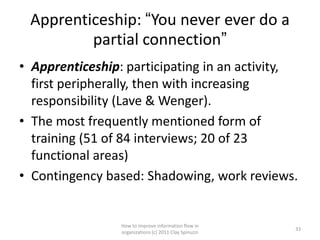 Apprenticeship: “You never ever do a
         partial connection”
• Apprenticeship: participating in an activity,
  first peripherally, then with increasing
  responsibility (Lave & Wenger).
• The most frequently mentioned form of
  training (51 of 84 interviews; 20 of 23
  functional areas)
• Contingency based: Shadowing, work reviews.


                 How to improve information flow in
                                                        33
                 organizations (c) 2011 Clay Spinuzzi
 